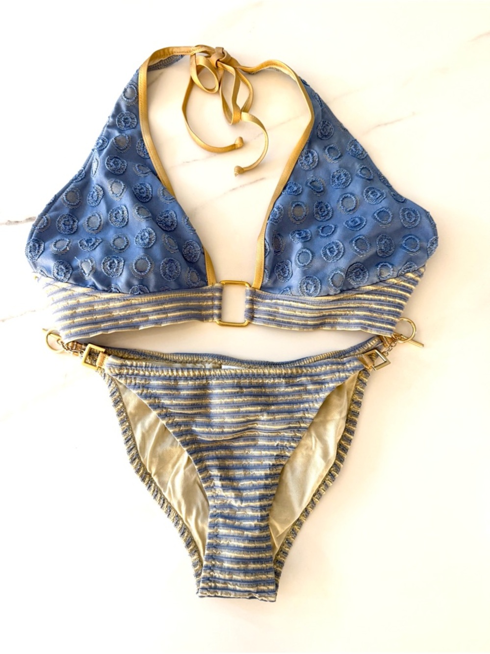 Ritchie Swimwear Blue & Gold Halter Bikini Set DD top/ S bottom